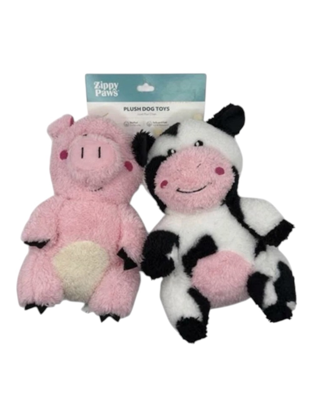 Zippy Paws Pink Pig & Black-White Cow Plush Dog Toys - 2-Pack New with Squeaker
